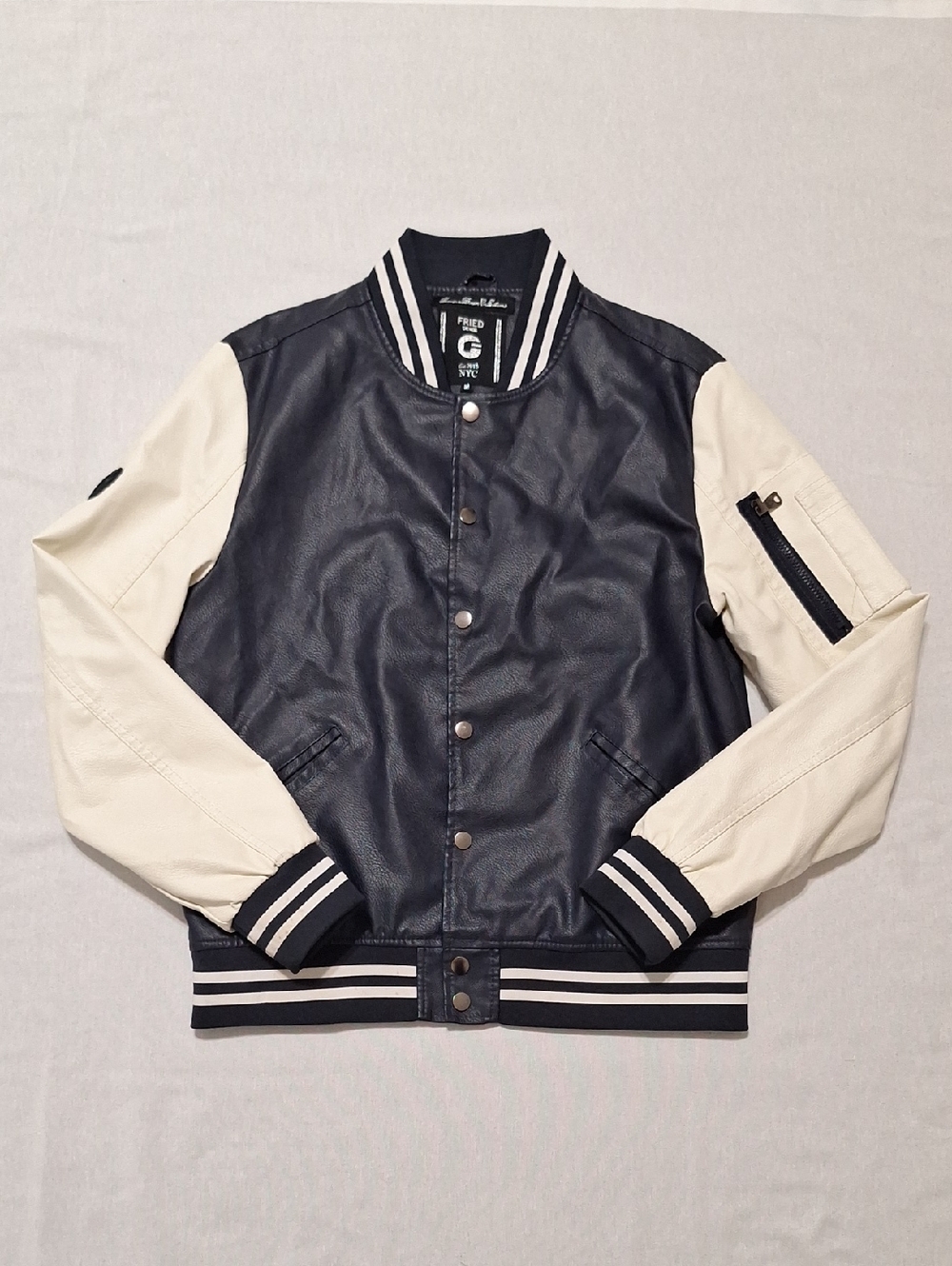 Fried Premium Denim Collection Navy and Cream Varsity Bomber Jacket